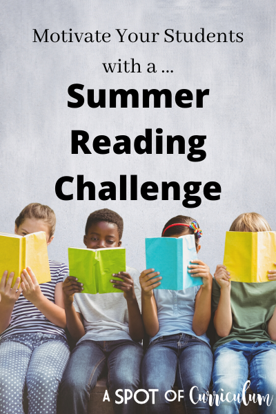 Four students sitting down and reading with a caption that reads motivate your students with a summer reading challenge