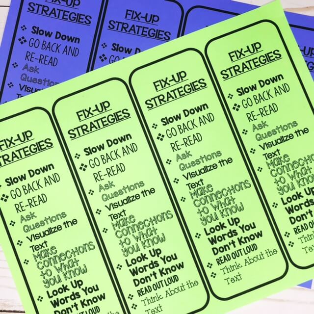 Two pages of bookmarks entitled Fix-Up Strategies printed on lime green and purple paper