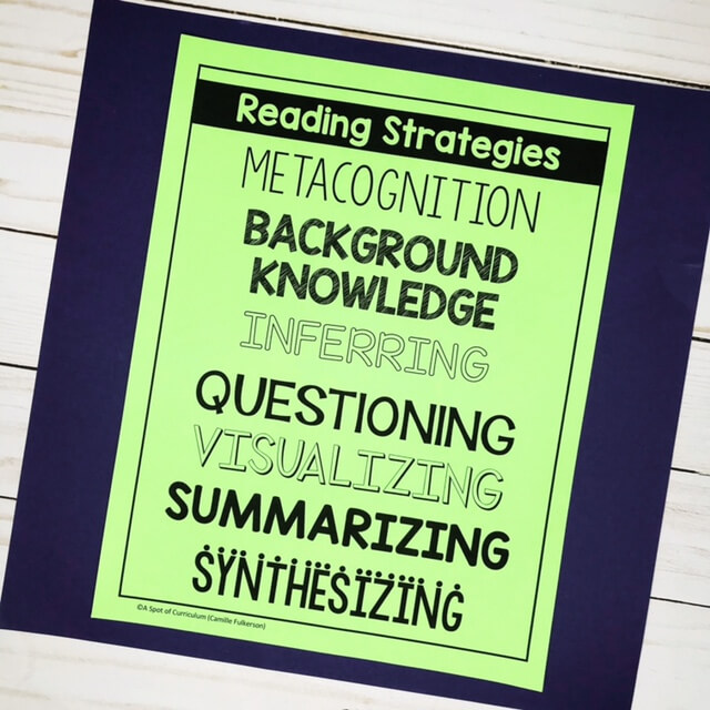 reading strategies poster on purple background
