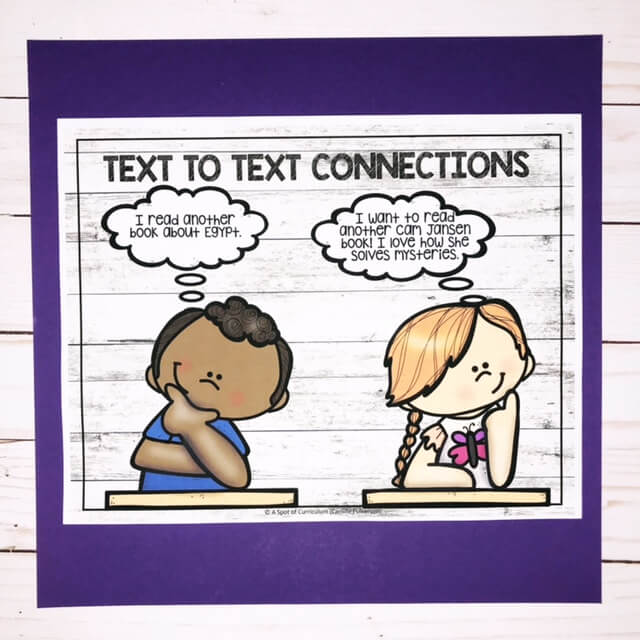Woodgrain and Purple background with two drawings of students in the forground. The words text to text connections at the top.