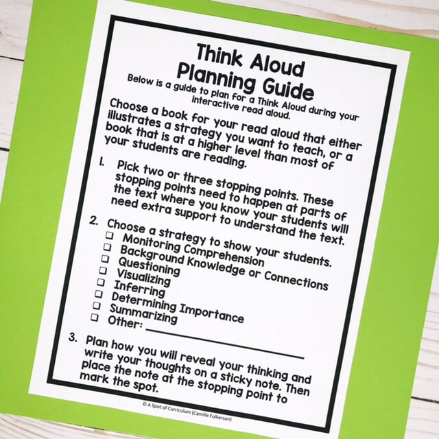 Document with green background with title Think Aloud Planning Guide