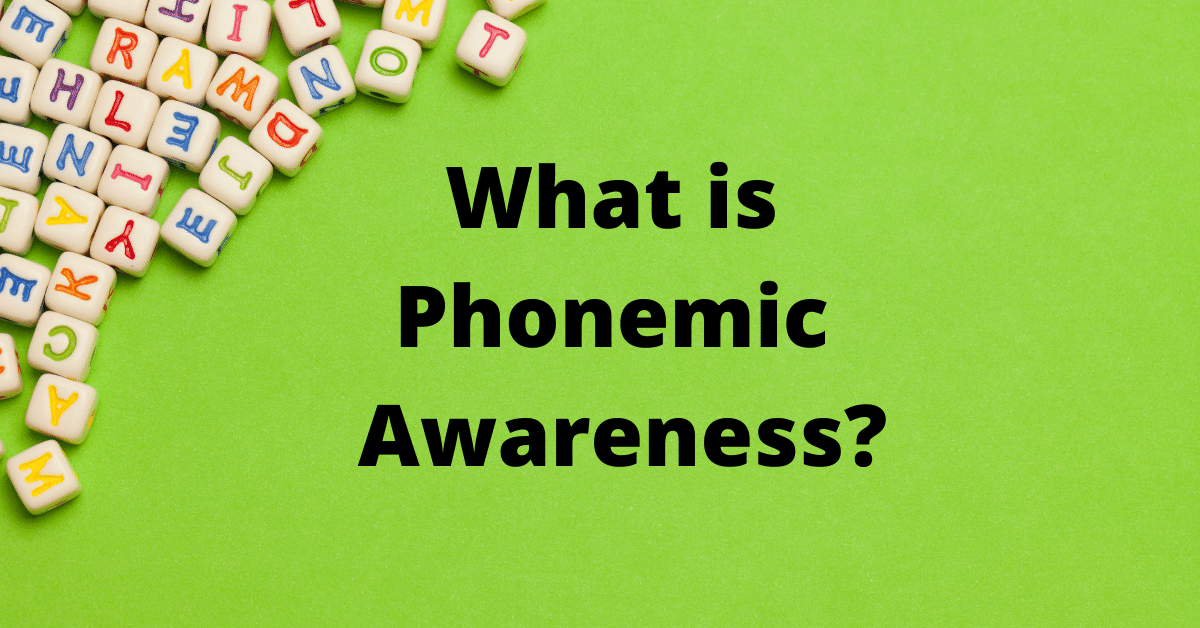a green background with cubes with multi-colored letters on them. The words what is phonemic awareness? in the center.