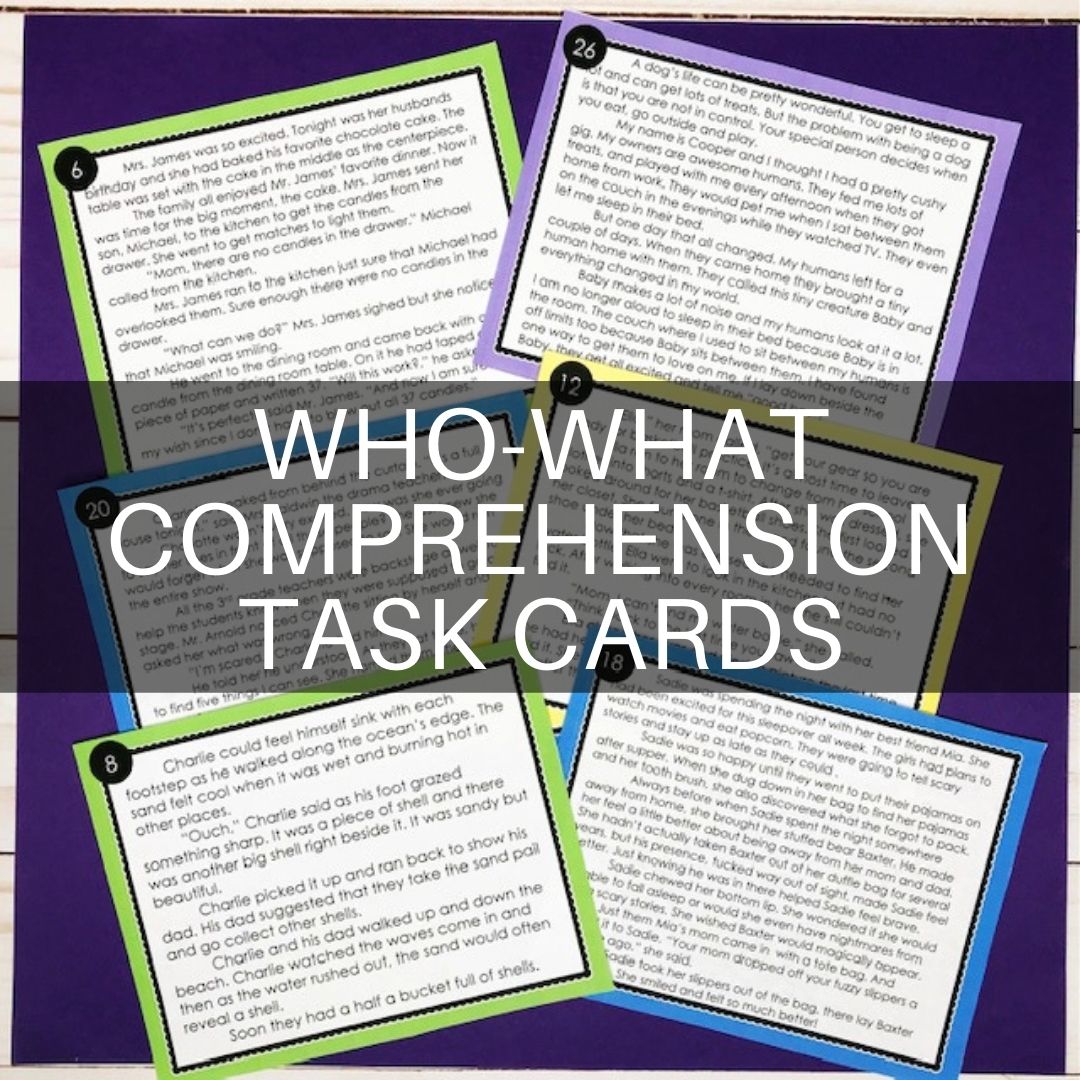 six who what reading comprehension task cards. Each card has a passage written on it and a colorful border. The cards are laying on a purple background.