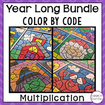 Year Long Bundle Color by Number Puzzles for Multiplication. Picture shows four different pictures of color by number puzzles. A school house, Santa, a witch, and a lobster.