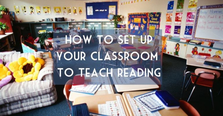 an elementary classroom with desks, a couch for reading, and bulletin boards with the word how to set up your classroom to teach reading