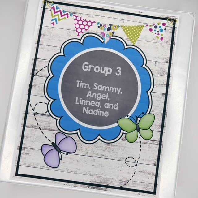 reading binder for small group instruction with a cover that has butterflies over shiplap. The cover has the words Group 3, Tim, Sammy, Angel, Linnea, and Nadine.