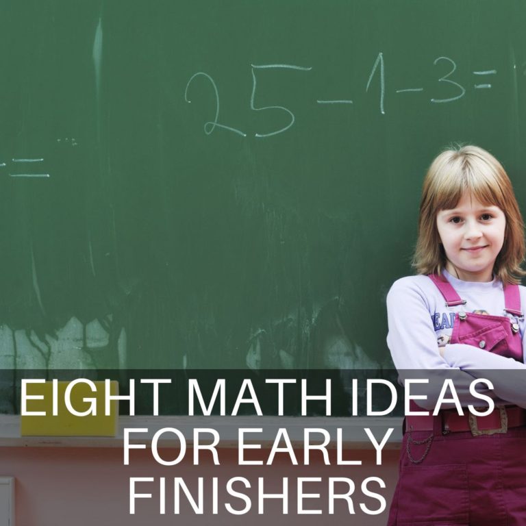 Girl wearing a white shirt in pin overalls in front of a chalkboard with the words eight math ideas for early finishers. the math equation 25 - 1 - 3 = is written on the chalkboard.