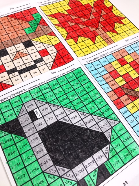 Fall themed Mystery Pictures puzzles and engaging assignment that practices long division and two digit multiplication. There is a crow, a scarecrow, and a leaf